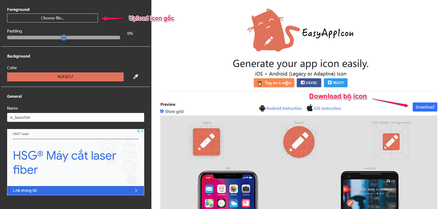 Tạo App icon trên website easyappicon.com