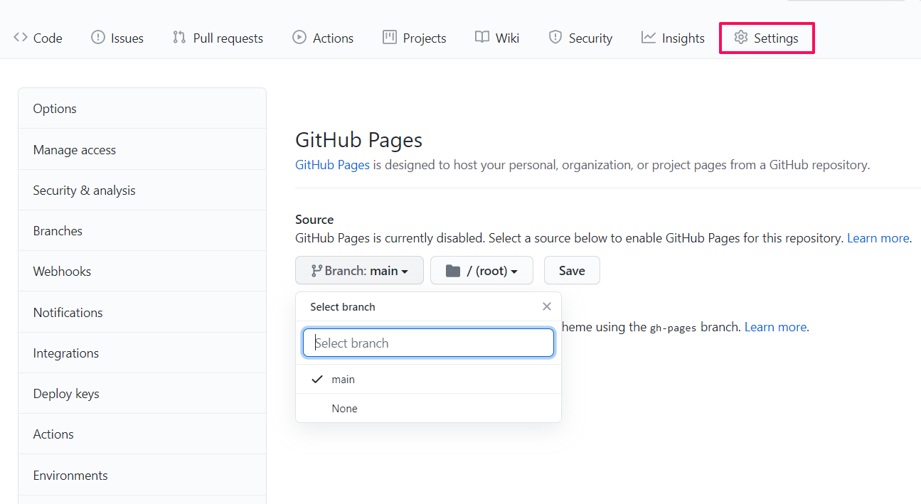 Github Pages settings 2