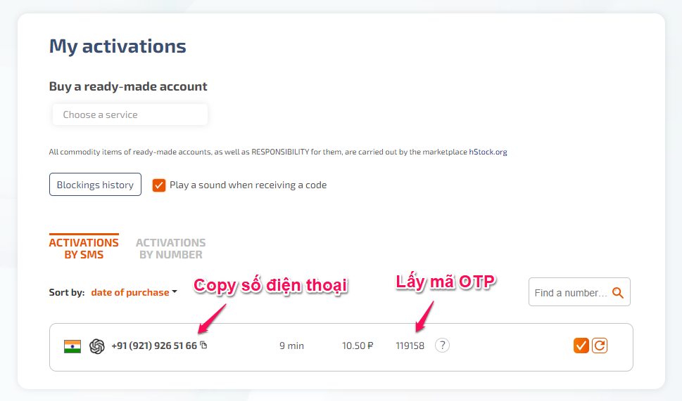 Nhận SMS từ số điện thoại trên sms-activate.org